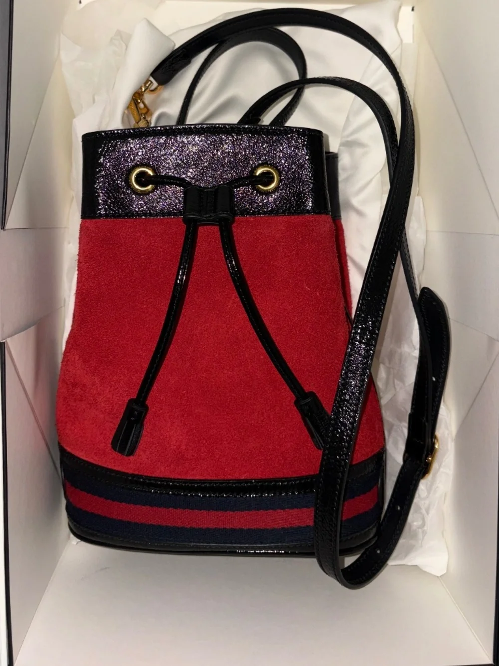 GUCCI Red Suede Black Patent Ophidia Bucket Bag Crossbody Like New! - Picture 16 of 16